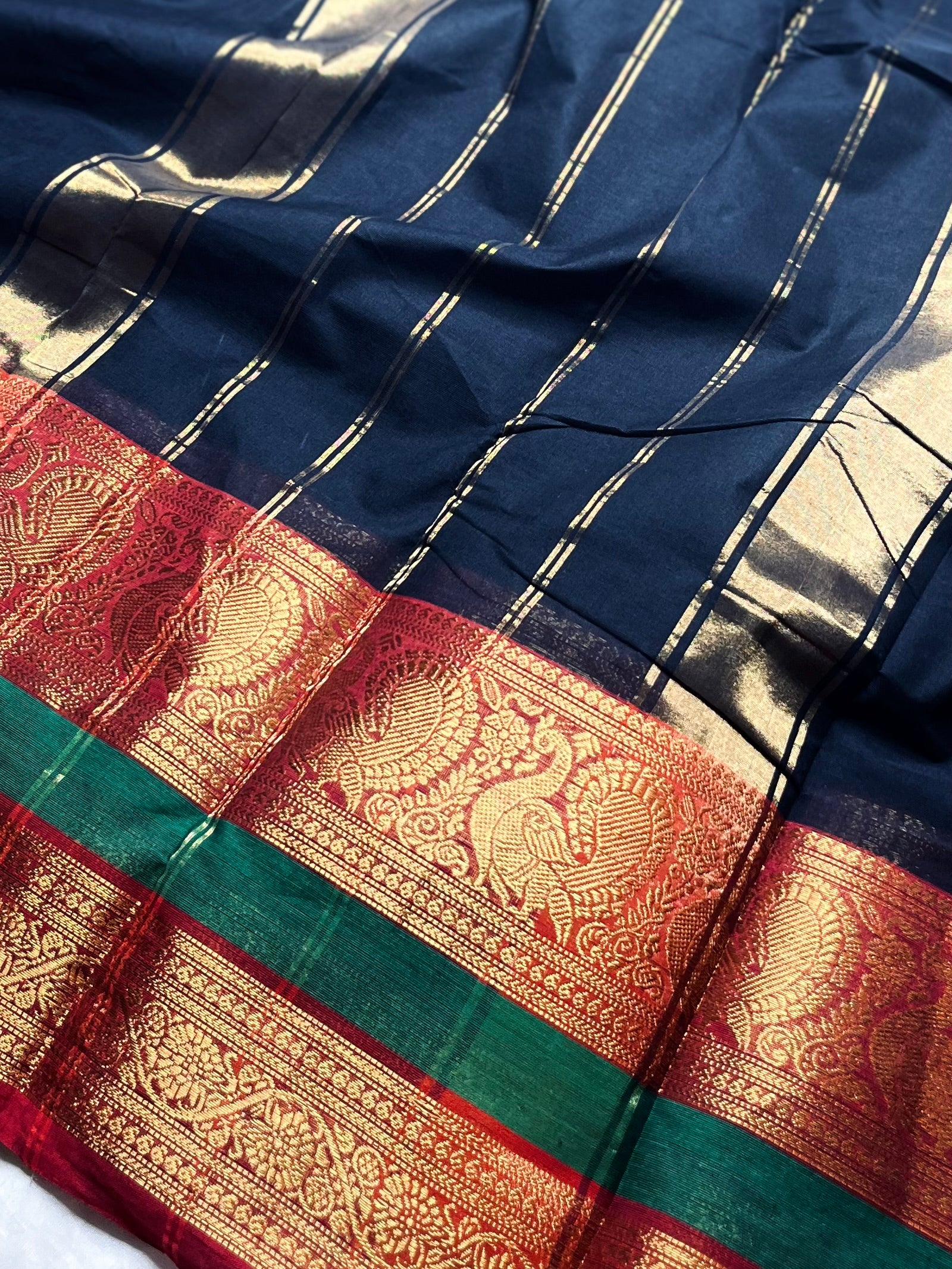 Chettinad Cotton Saree - Pearl Black + Cerise Red