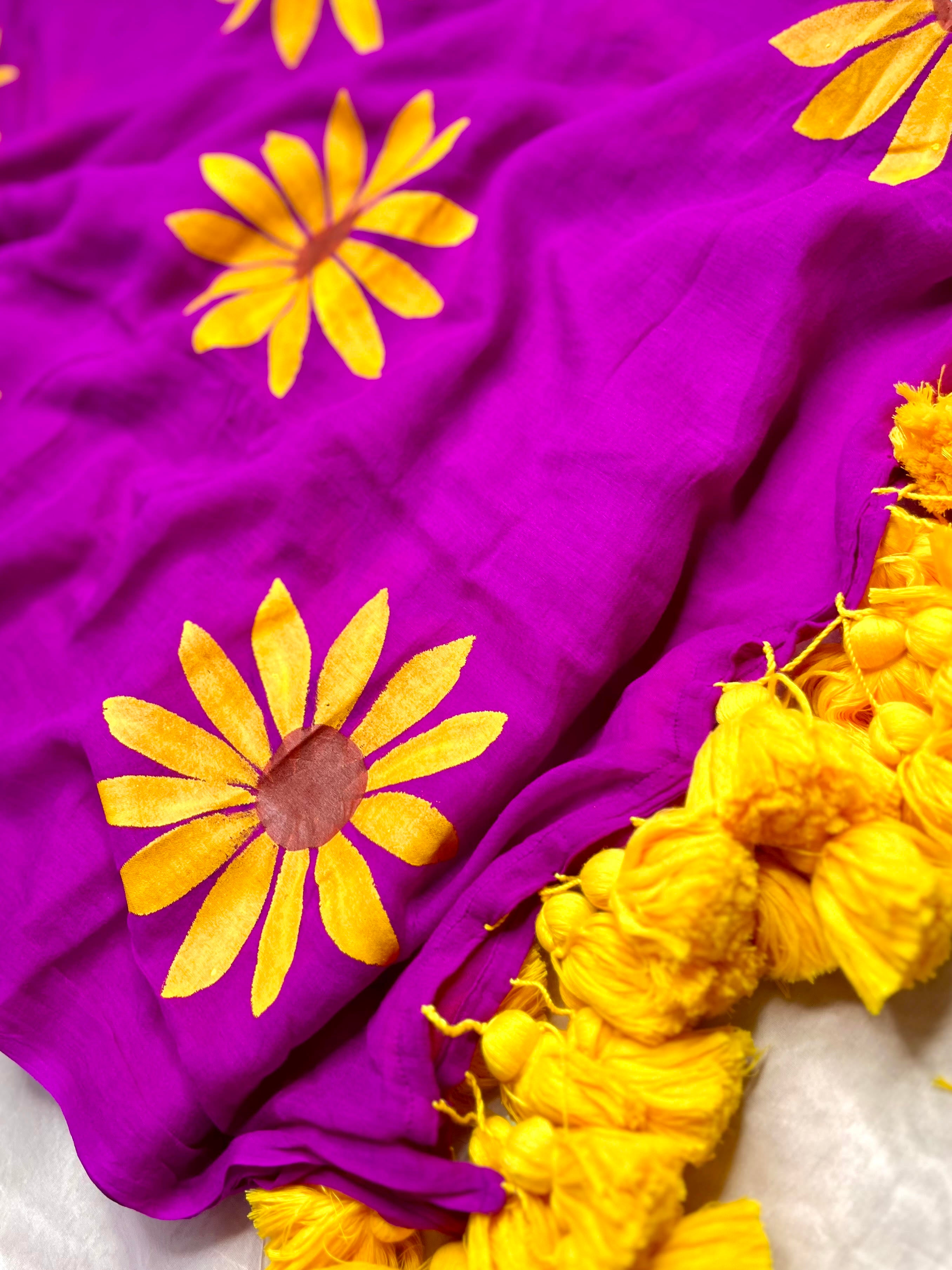 Hand Painted Cotton Saree - Electric Violet + Corn Yellow