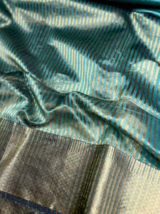 Leela - Handwoven silk cotton saree -  Smalt Blue Green + Gold