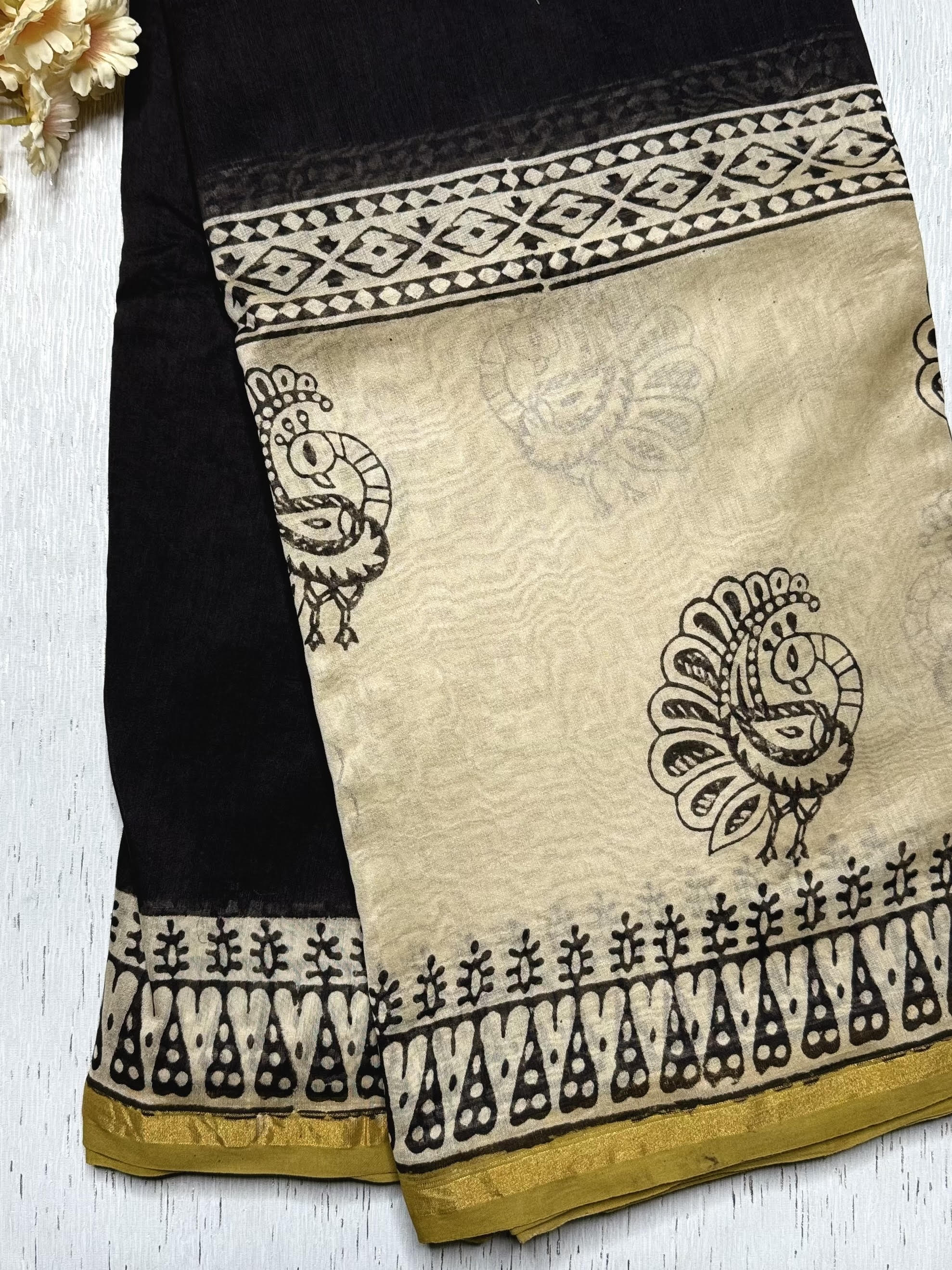 Handblock Printed Silk Cotton Saree -  Thunder Black + Cream