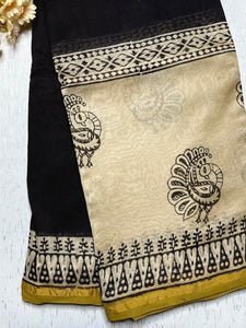 Handblock Printed Silk Cotton Saree -  Thunder Black + Cream