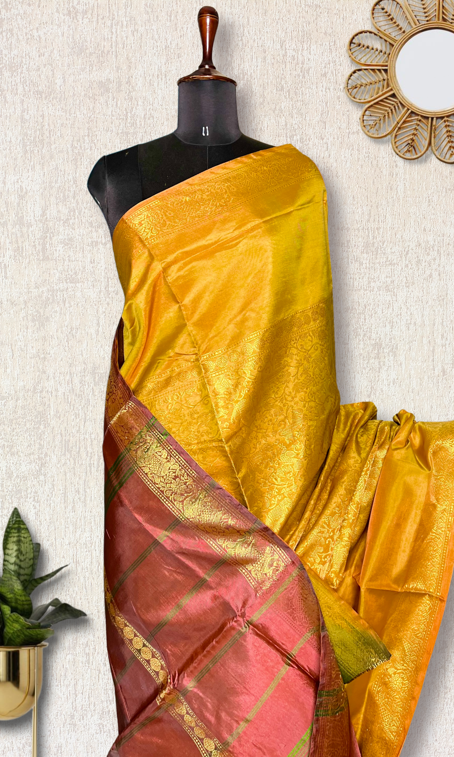 Handwoven Art Silk Saree - Golden Grass + Chestnut