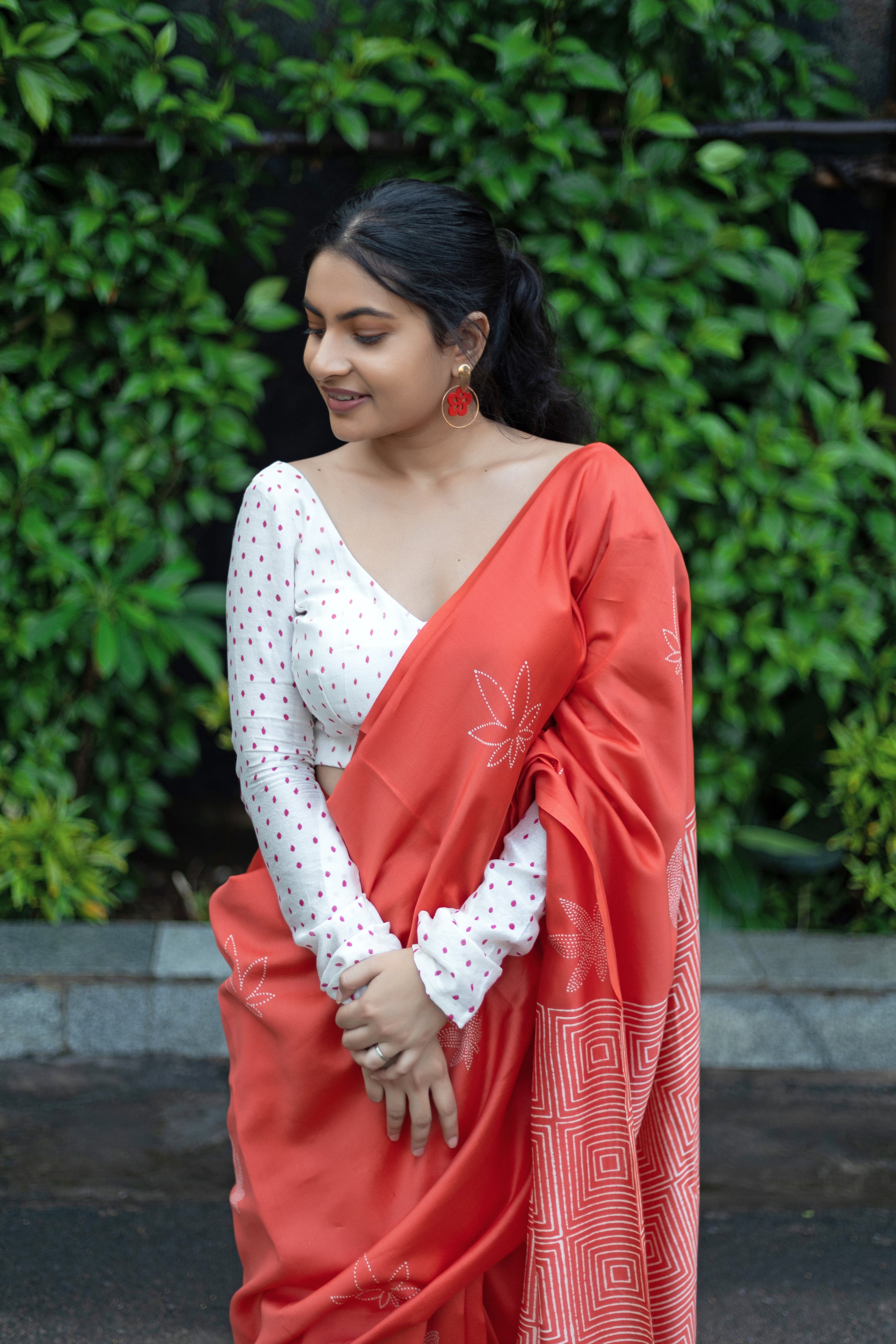 Handblock Printed Silk Cotton Saree - Punch Red Orange + Pearl