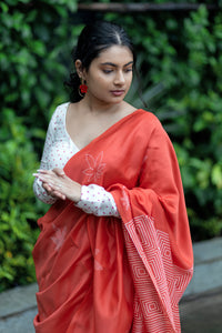 Handblock Printed Silk Cotton Saree - Punch Red Orange + Pearl