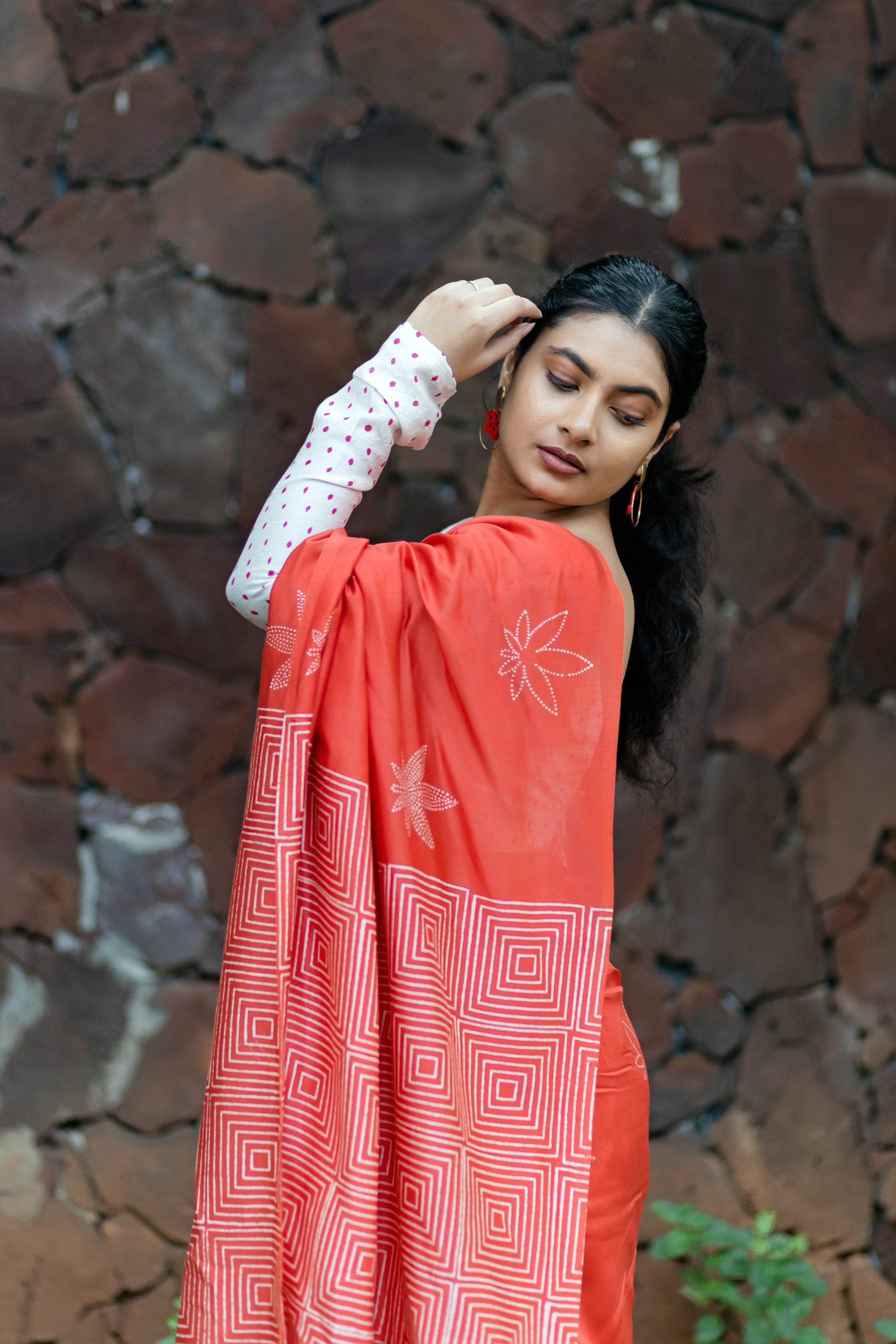 Handblock Printed Silk Cotton Saree - Punch Red Orange + Pearl