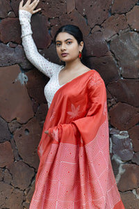 Handblock Printed Silk Cotton Saree - Punch Red Orange + Pearl