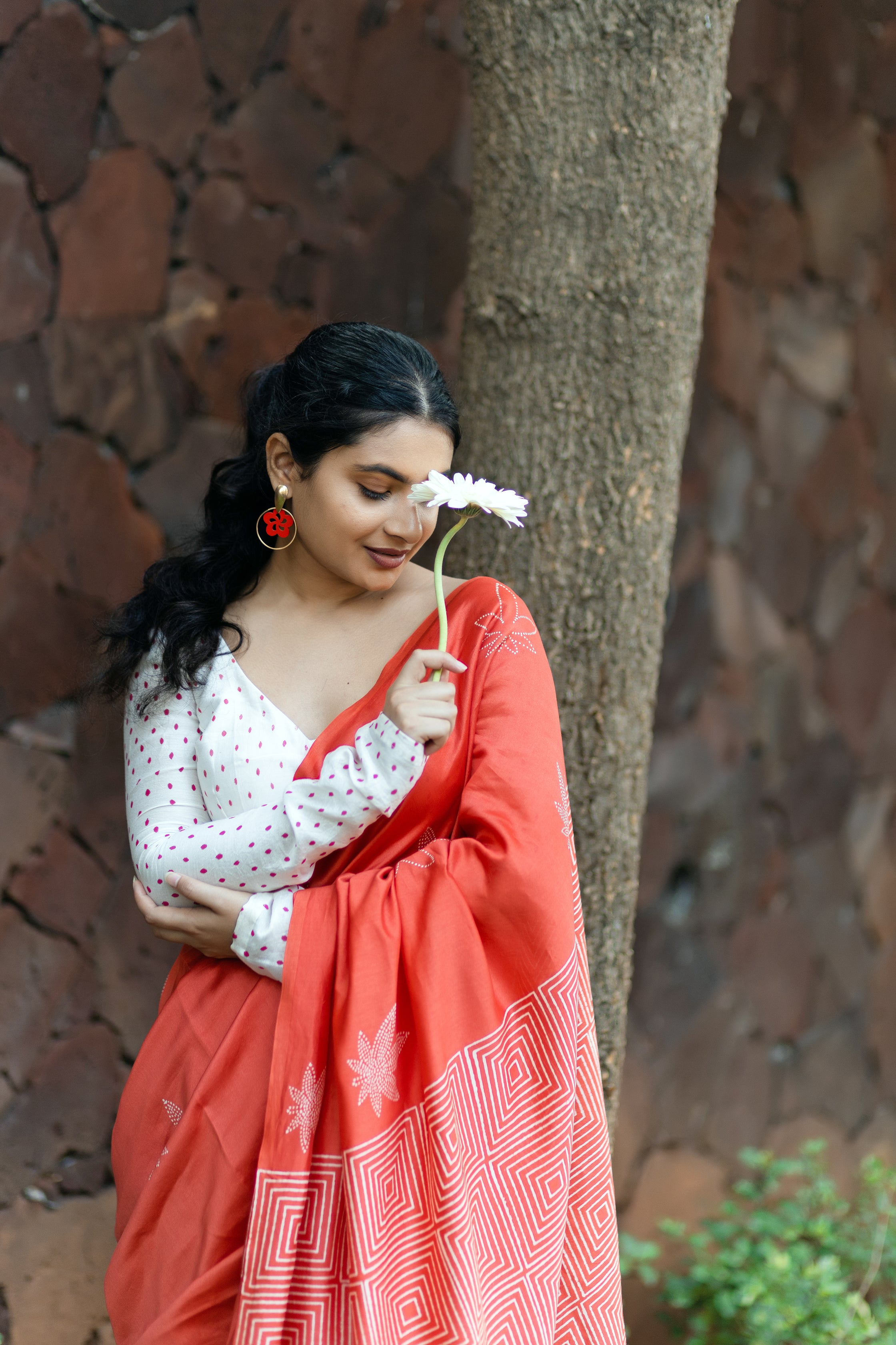 Handblock Printed Silk Cotton Saree - Punch Red Orange + Pearl