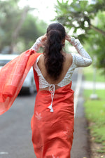 Load image into Gallery viewer, Handblock Printed Silk Cotton Saree - Punch Red Orange + Pearl
