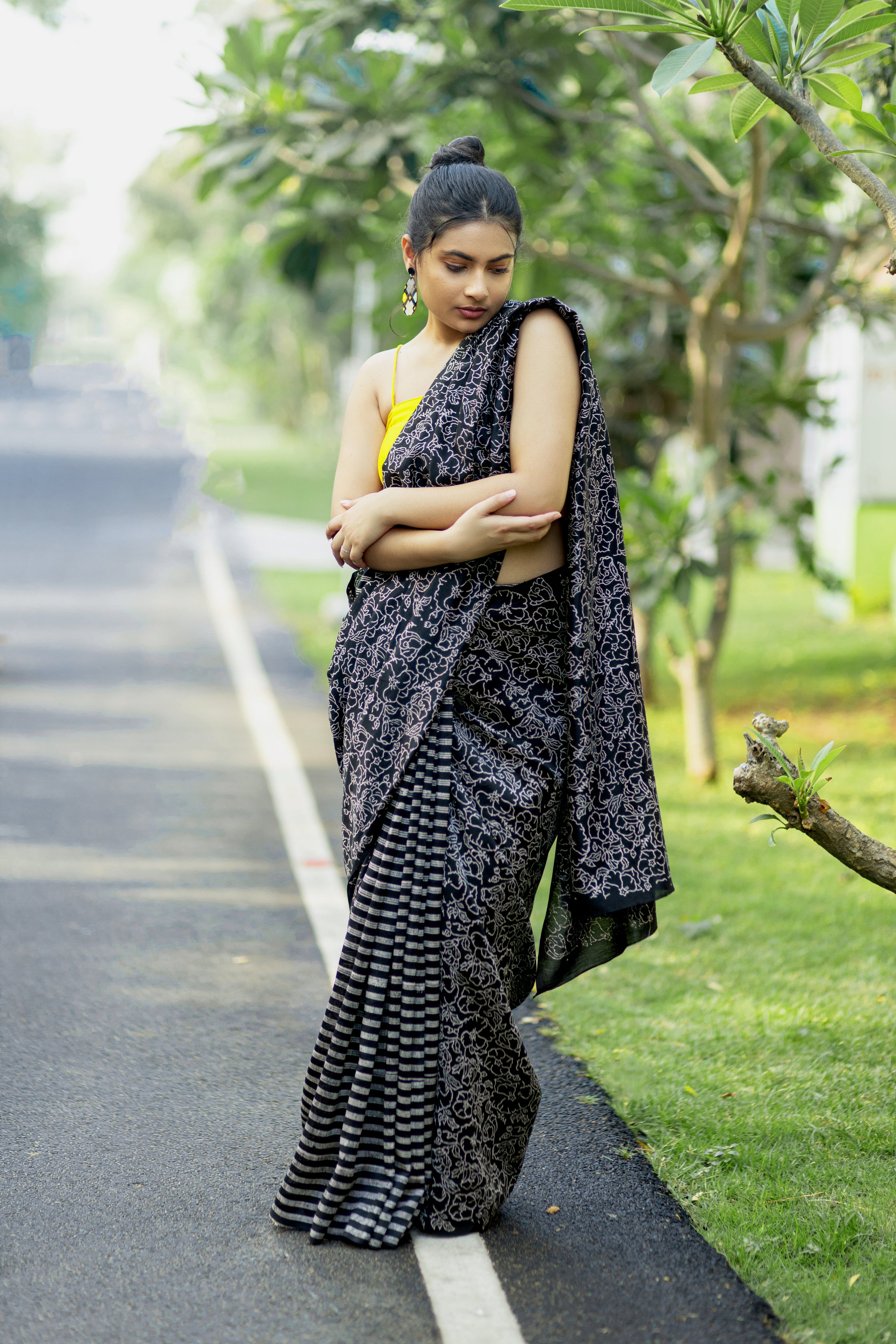 Handblock Printed Silk Cotton Saree - Raven Black + Lightning Yellow