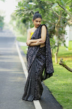 Load image into Gallery viewer, Handblock Printed Silk Cotton Saree - Raven Black + Lightning Yellow
