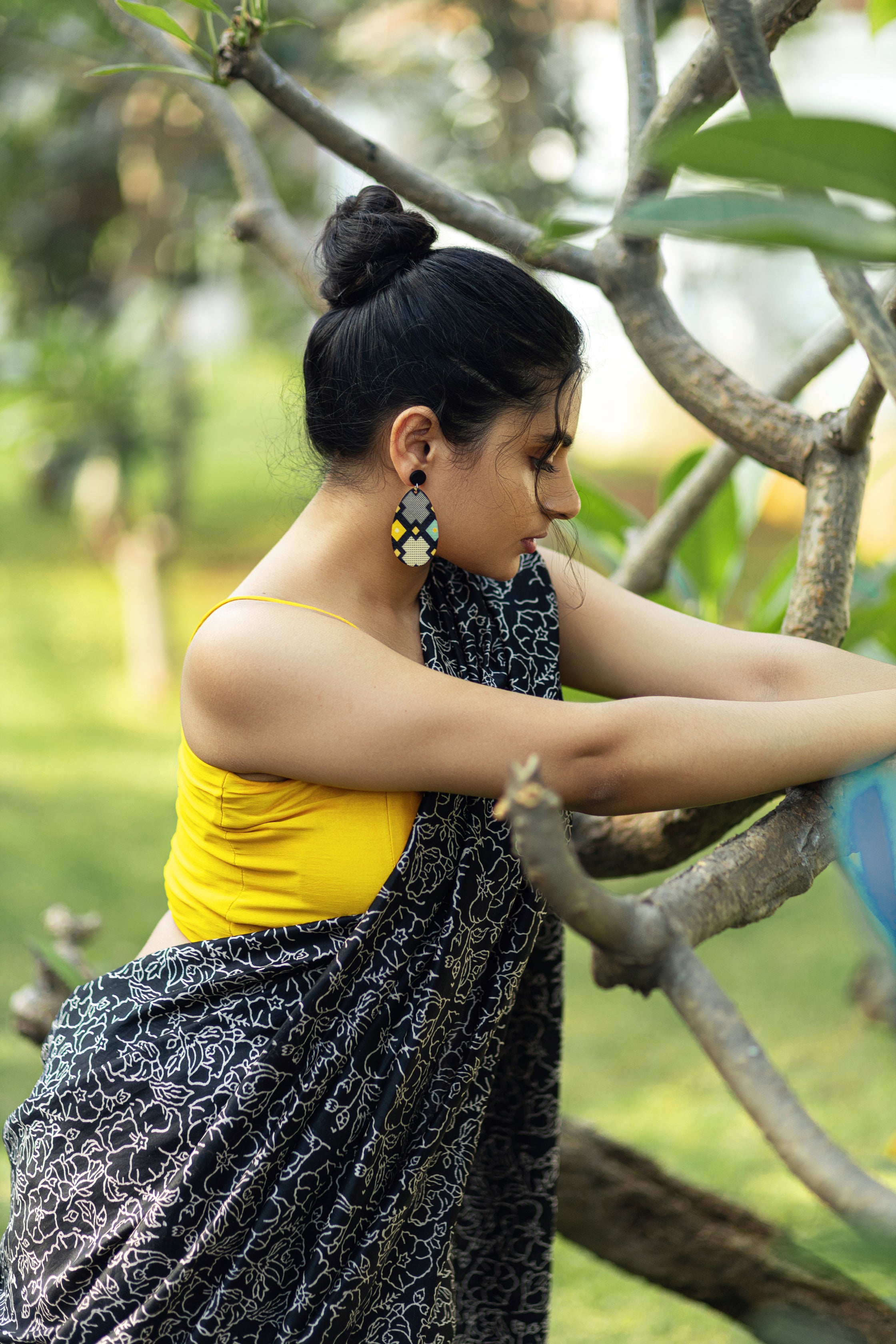 Handblock Printed Silk Cotton Saree - Raven Black + Lightning Yellow