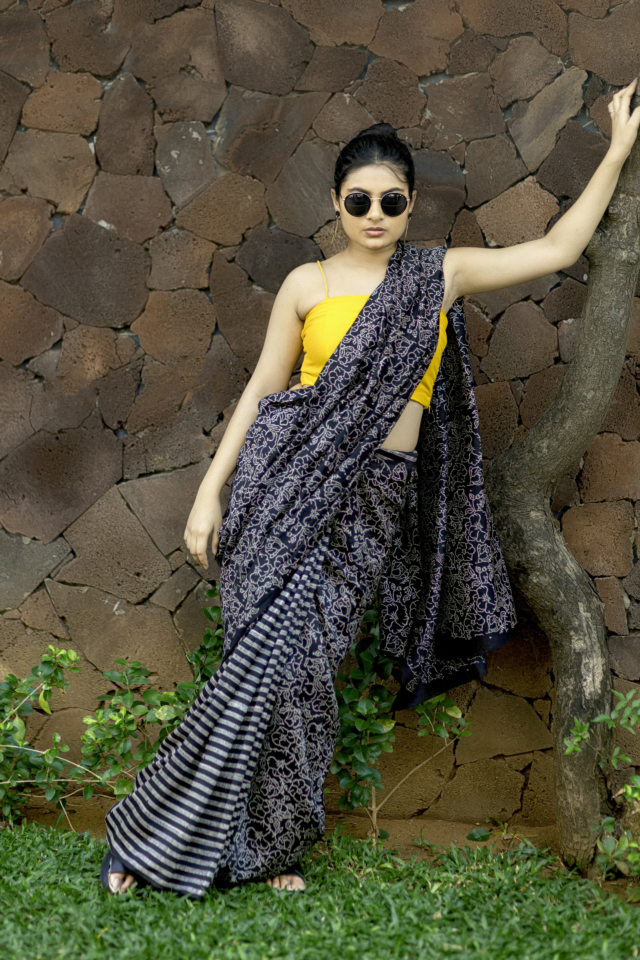 Handblock Printed Silk Cotton Saree - Raven Black + Lightning Yellow