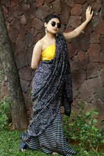 Load image into Gallery viewer, Handblock Printed Silk Cotton Saree - Raven Black + Lightning Yellow
