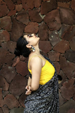 Load image into Gallery viewer, Handblock Printed Silk Cotton Saree - Raven Black + Lightning Yellow
