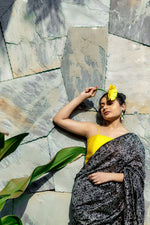 Load image into Gallery viewer, Handblock Printed Silk Cotton Saree - Raven Black + Lightning Yellow
