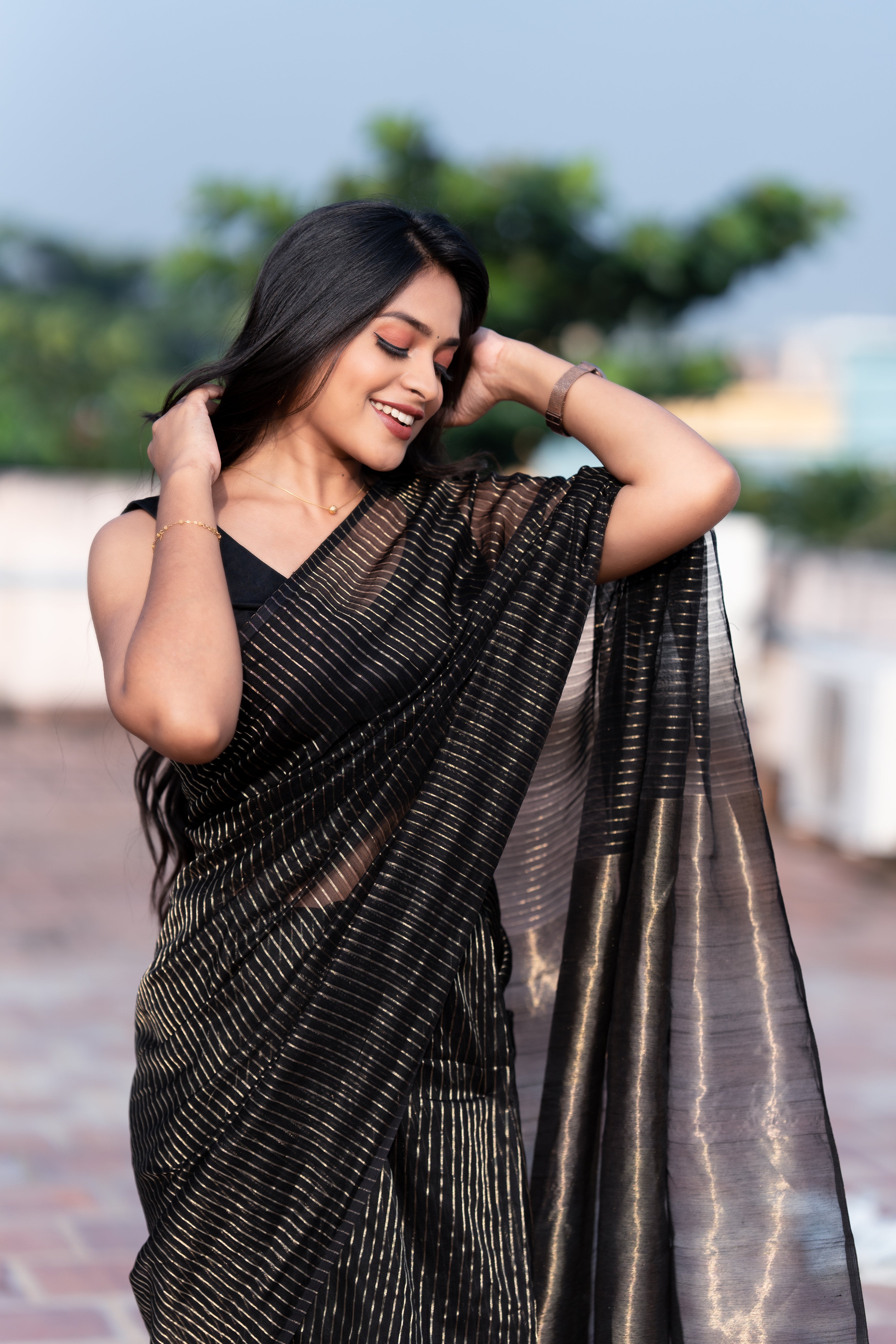 Handwoven silk cotton saree - Black + Gold