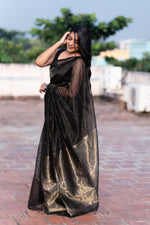 Load image into Gallery viewer, Handwoven silk cotton saree - Black + Gold
