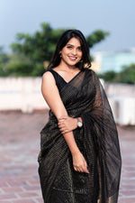 Load image into Gallery viewer, Handwoven silk cotton saree - Black + Gold
