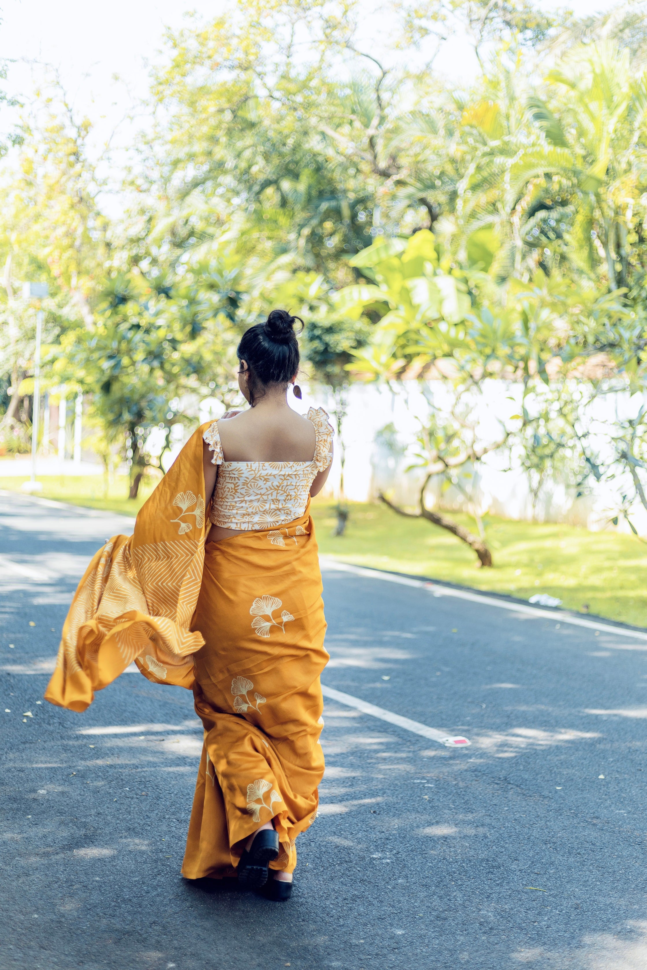 Handblock Printed Silk Cotton Saree - Golden Grass + Pearl