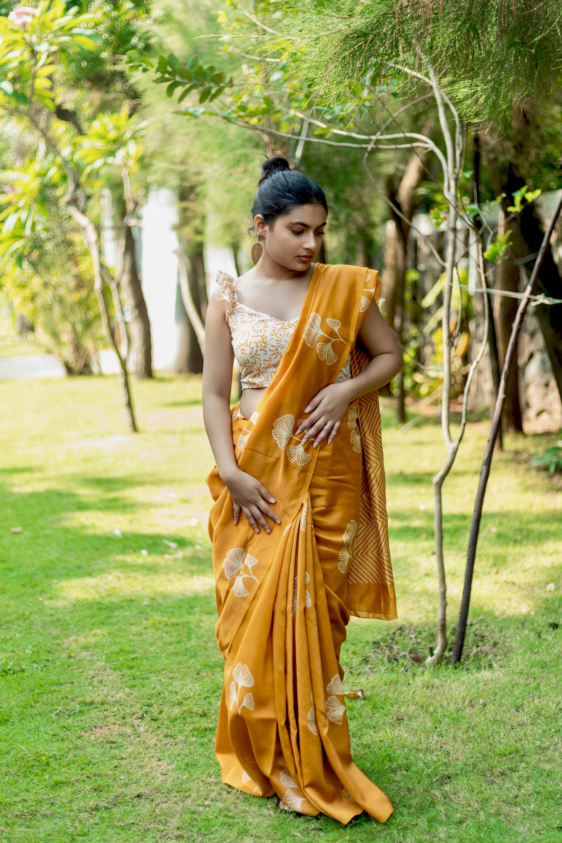 Handblock Printed Silk Cotton Saree - Golden Grass + Pearl