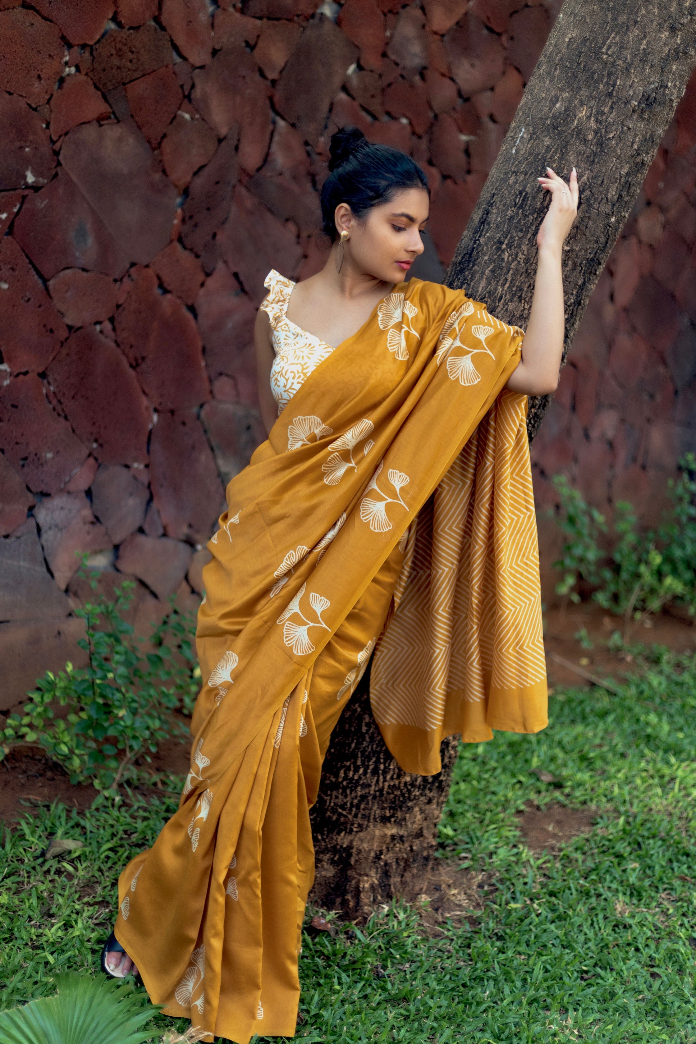 Handblock Printed Silk Cotton Saree - Golden Grass + Pearl