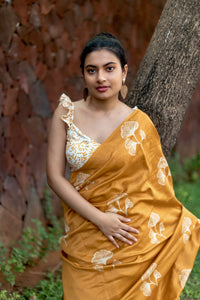 Handblock Printed Silk Cotton Saree - Golden Grass + Pearl