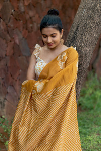 Handblock Printed Silk Cotton Saree - Golden Grass + Pearl