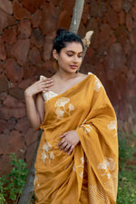 Load image into Gallery viewer, Handblock Printed Silk Cotton Saree - Golden Grass + Pearl
