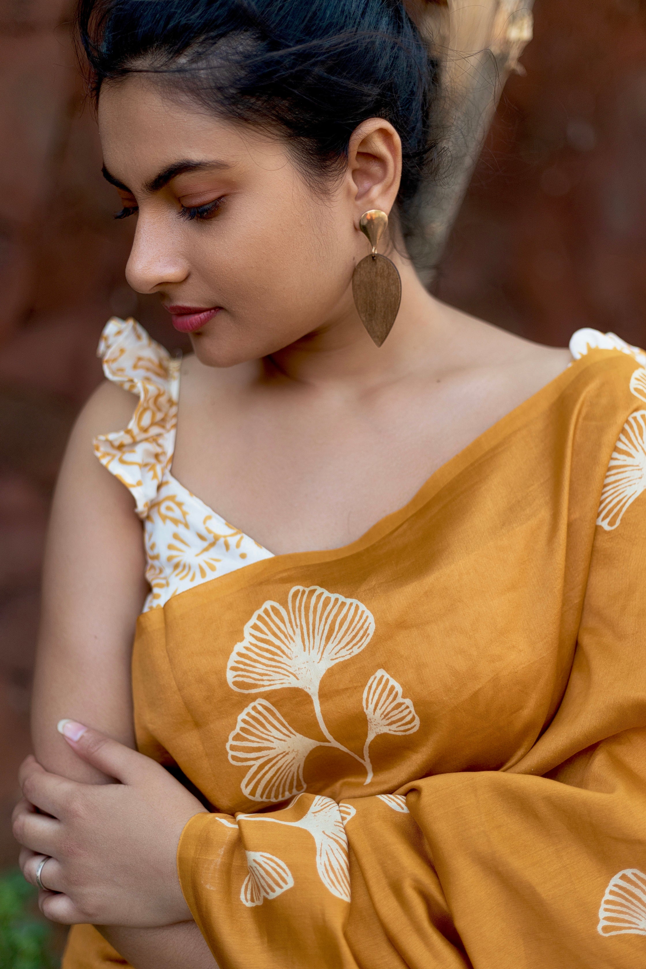 Handblock Printed Silk Cotton Saree - Golden Grass + Pearl