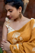 Load image into Gallery viewer, Handblock Printed Silk Cotton Saree - Golden Grass + Pearl
