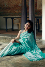 Load image into Gallery viewer, Handwoven Silk Cotton Saree - Pale Turquoise  + Tissue Grey
