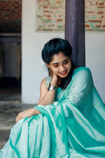 Load image into Gallery viewer, Handwoven Silk Cotton Saree - Pale Turquoise  + Tissue Grey

