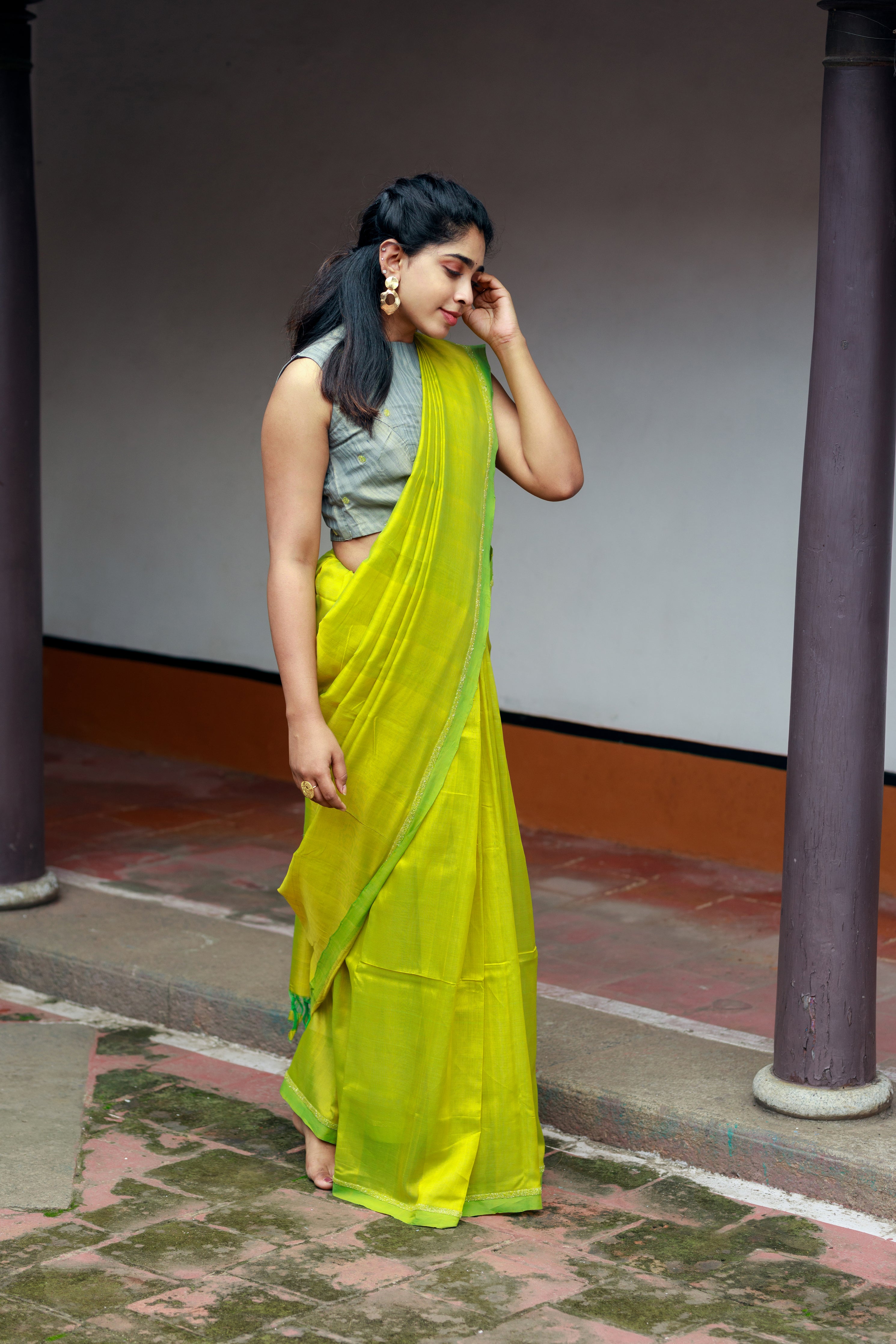 Grey and Yellow Art Silk Reception Half N Half Saree