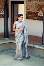 Load image into Gallery viewer, Handwoven silk cotton saree - Cool Gray + Tissue Peach
