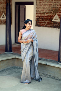 Handwoven silk cotton saree - Cool Gray + Tissue Peach