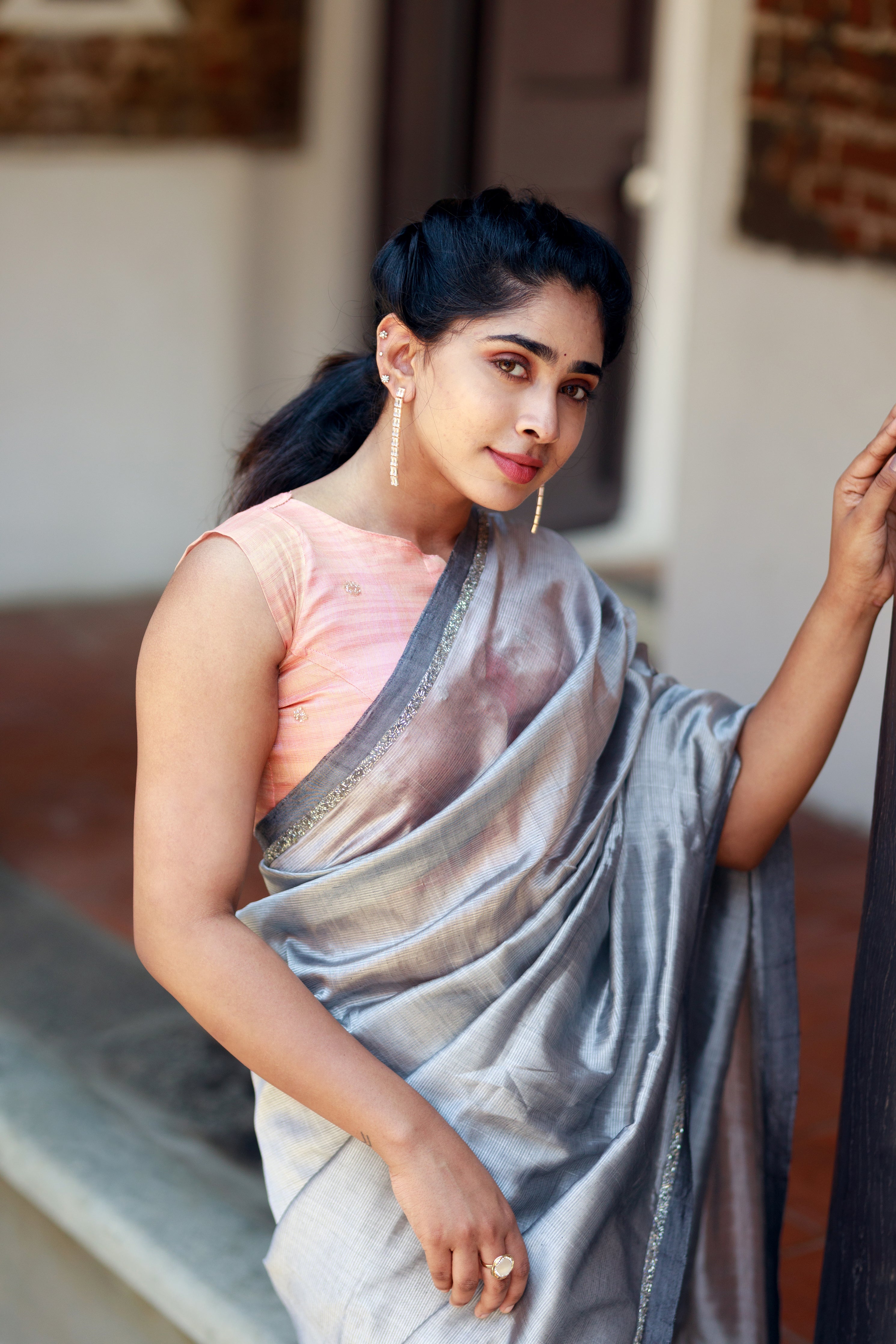 Handwoven silk cotton saree - Cool Gray + Tissue Peach