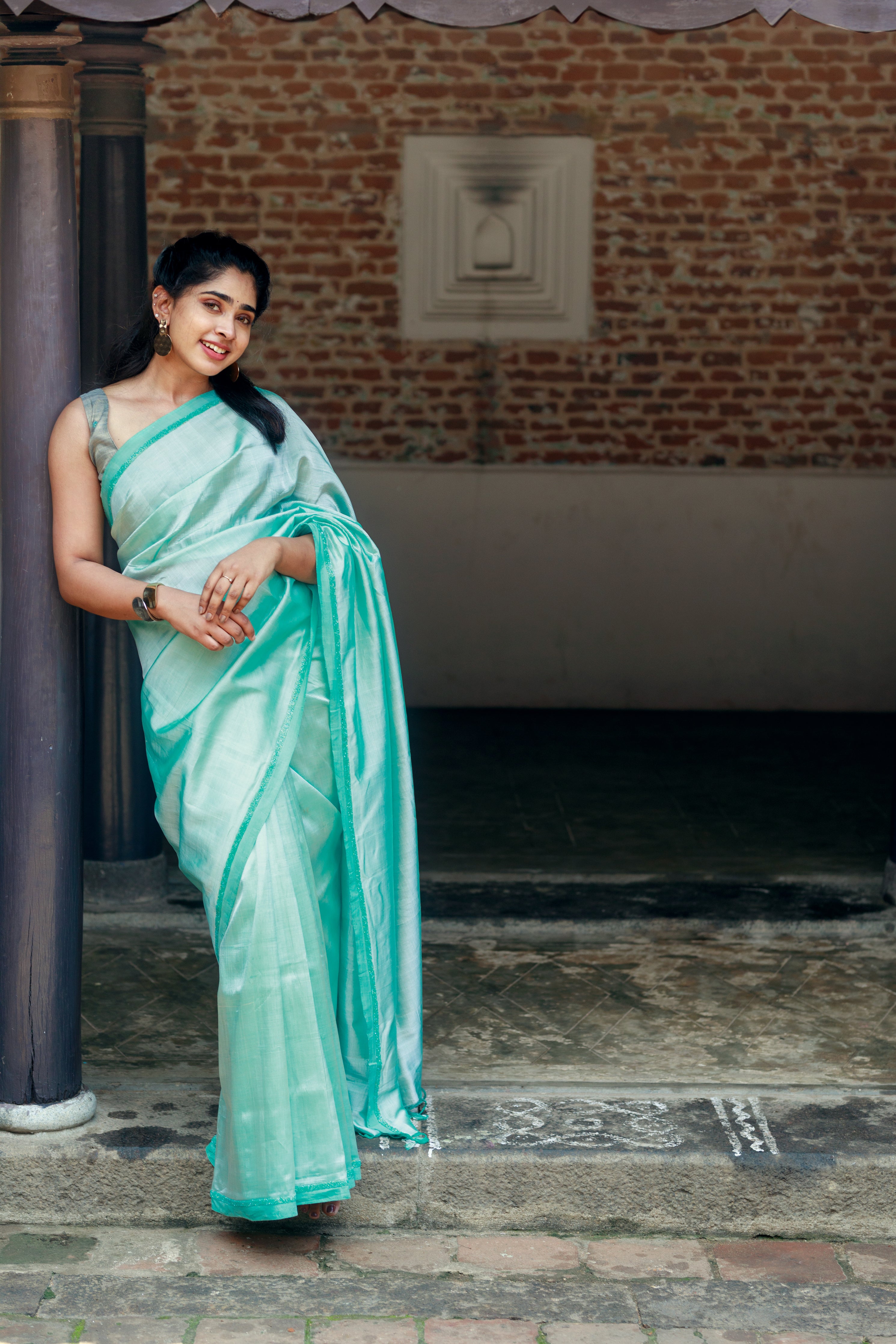 Handwoven Silk Cotton Saree - Pale Turquoise  + Tissue Grey