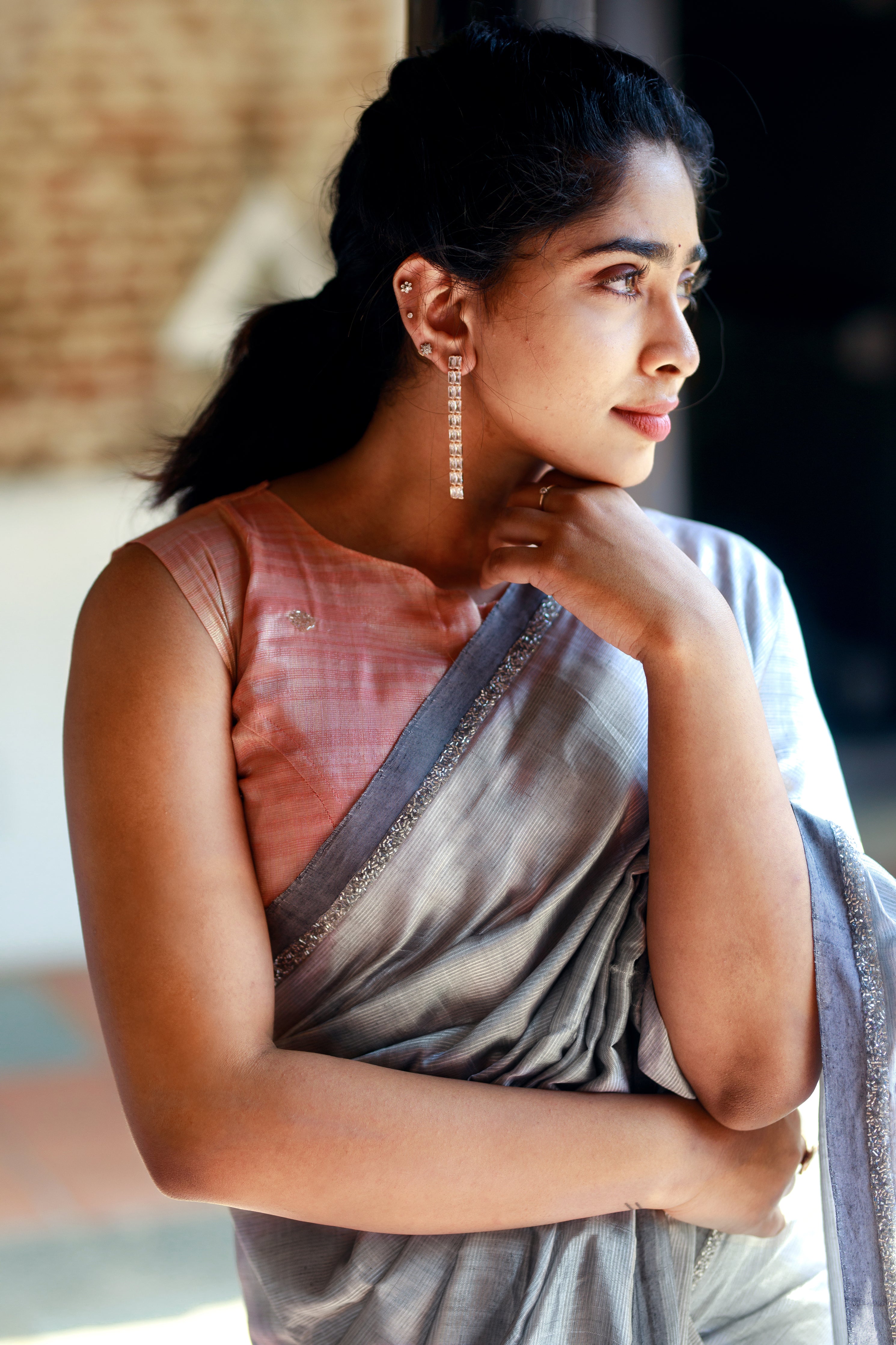 Handwoven silk cotton saree - Cool Gray + Tissue Peach