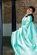Load image into Gallery viewer, Handwoven Silk Cotton Saree - Pale Turquoise  + Tissue Grey
