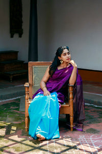 Handwoven Silk Cotton Saree -  Deep purple + Cyan