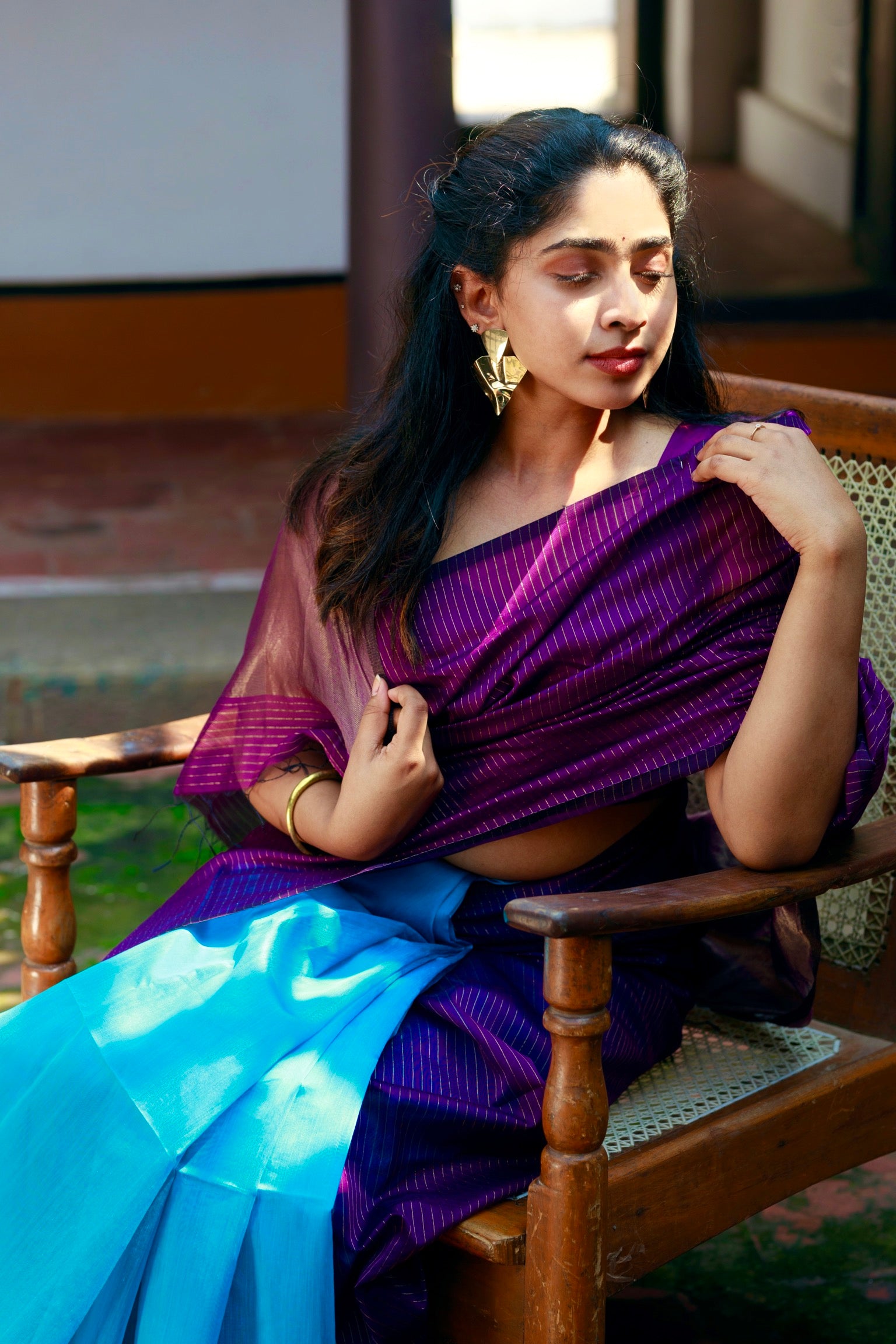 Handwoven Silk Cotton Saree -  Deep purple + Cyan