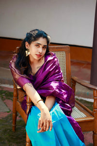 Handwoven Silk Cotton Saree -  Deep purple + Cyan