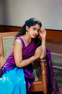 Handwoven Silk Cotton Saree -  Deep purple + Cyan