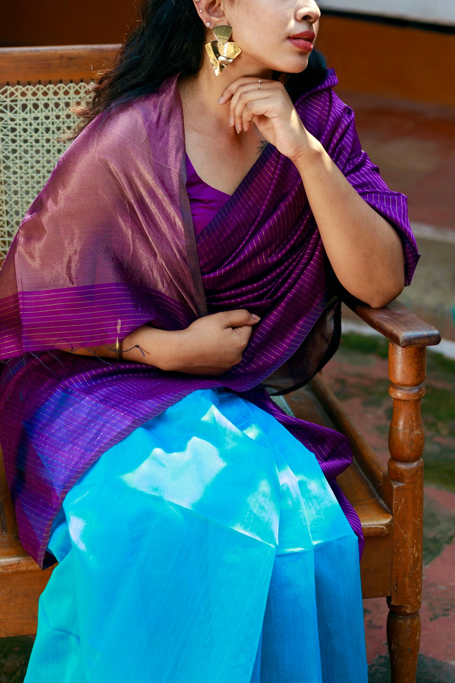 Handwoven Silk Cotton Saree -  Deep purple + Cyan