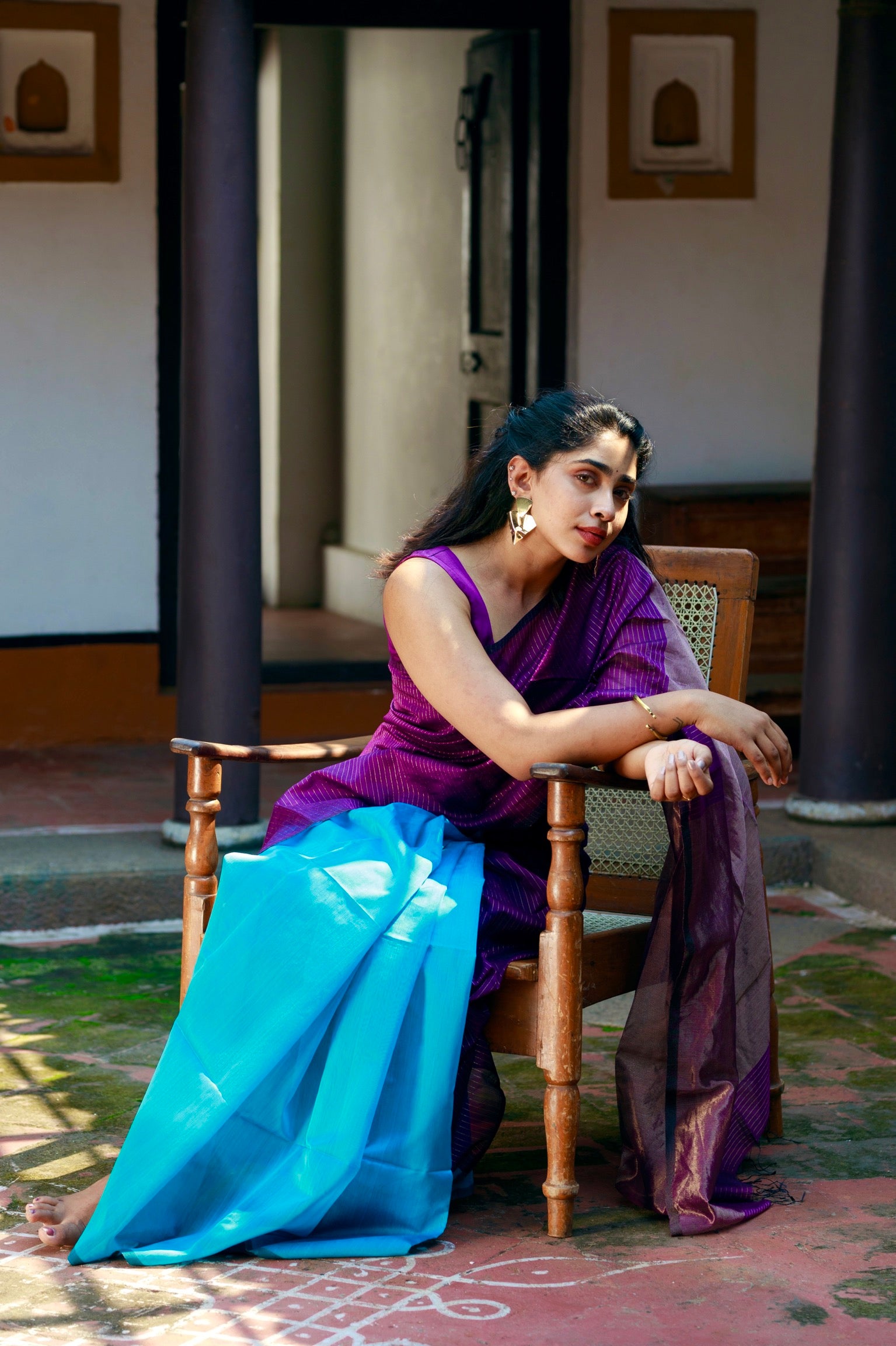 Handwoven Silk Cotton Saree -  Deep purple + Cyan