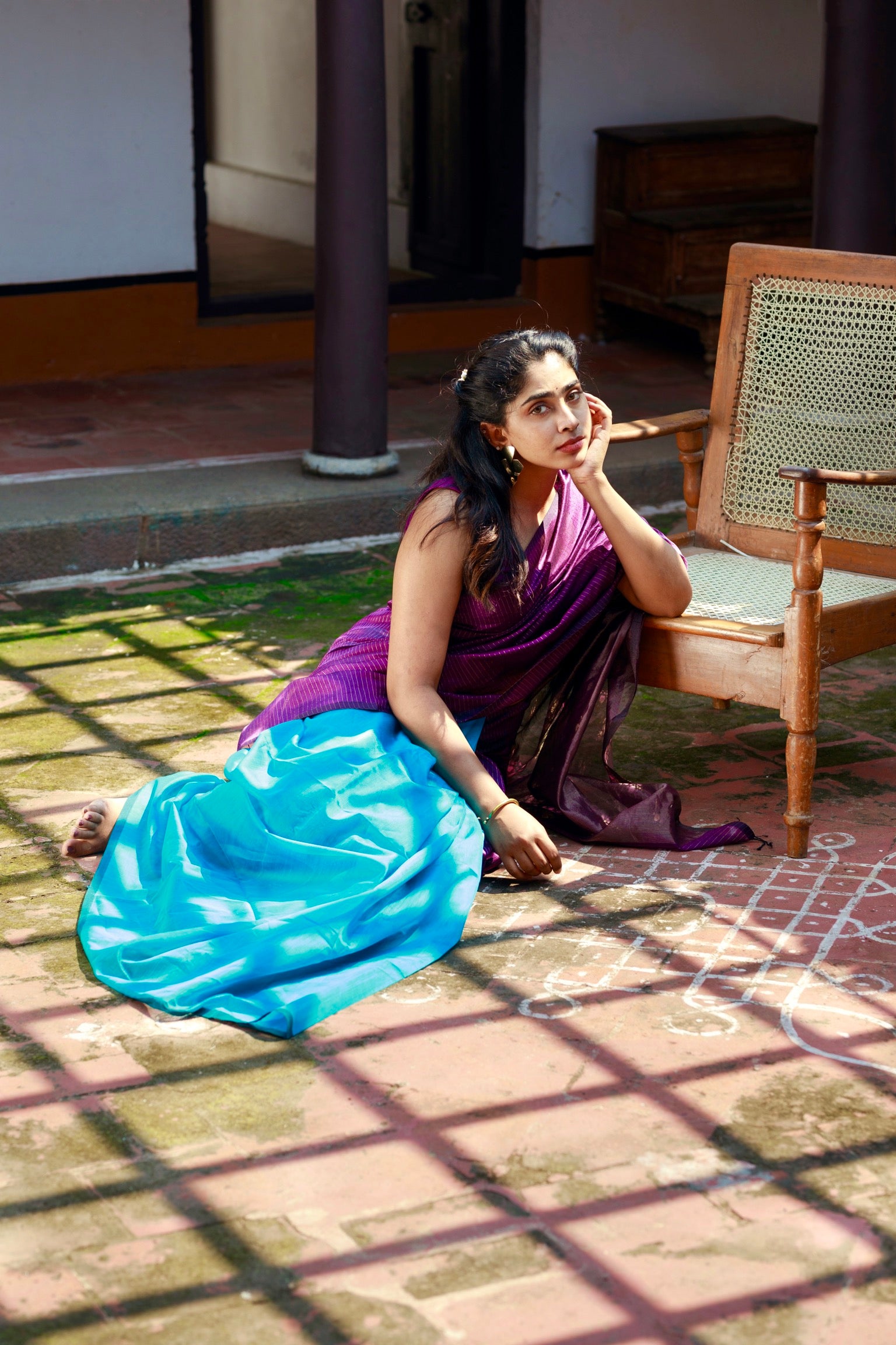 Handwoven Silk Cotton Saree -  Deep purple + Cyan