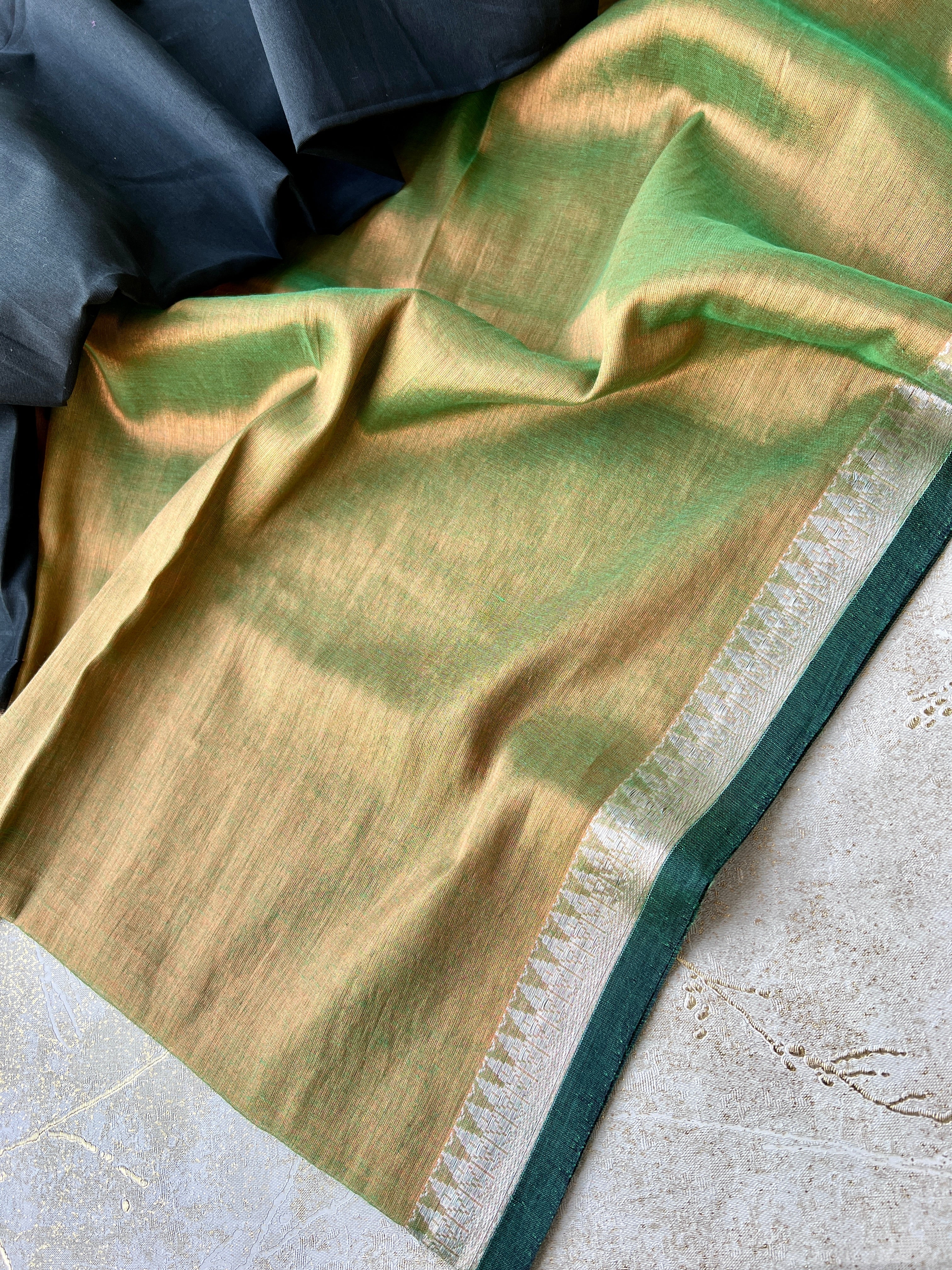 Handwoven Tissue Cotton Saree - Green + Copper