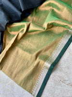 Load image into Gallery viewer, Handwoven Tissue Cotton Saree - Green + Copper
