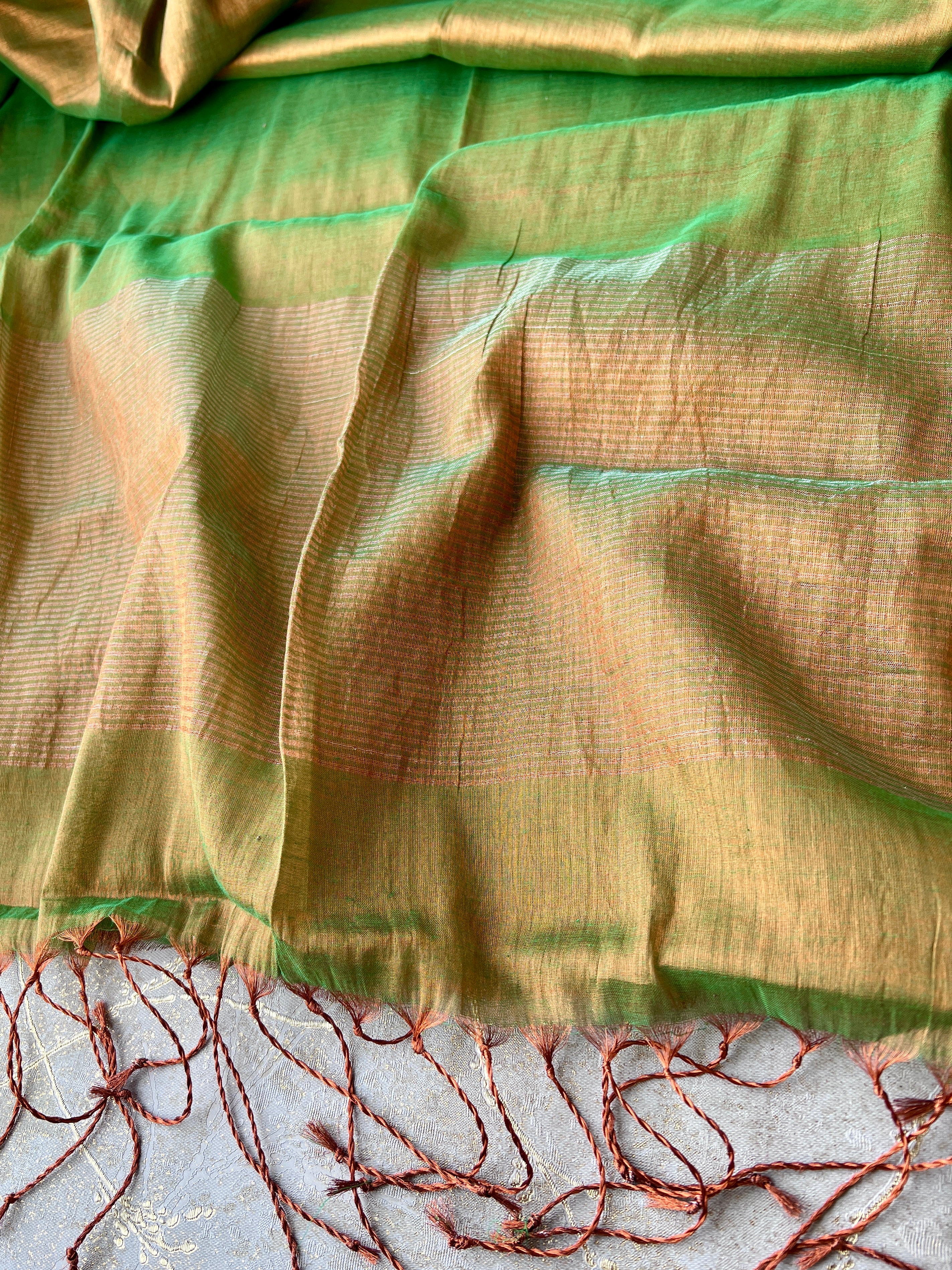 Handwoven Tissue Cotton Saree - Green + Copper