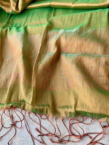 Handwoven Tissue Cotton Saree - Green + Copper